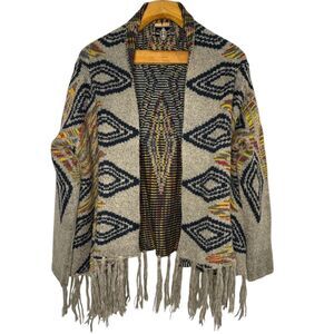 Cliche' Couture Aztec Southwestern, Boho Wool Open Amal Fringe Artsy Cardigan